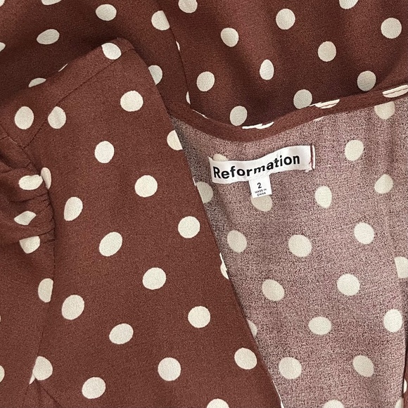 REFORMATION Locklin Dress Brown White Polka Dot Midi Au Lait Chocolate Dress 2 - Picture 12 of 15